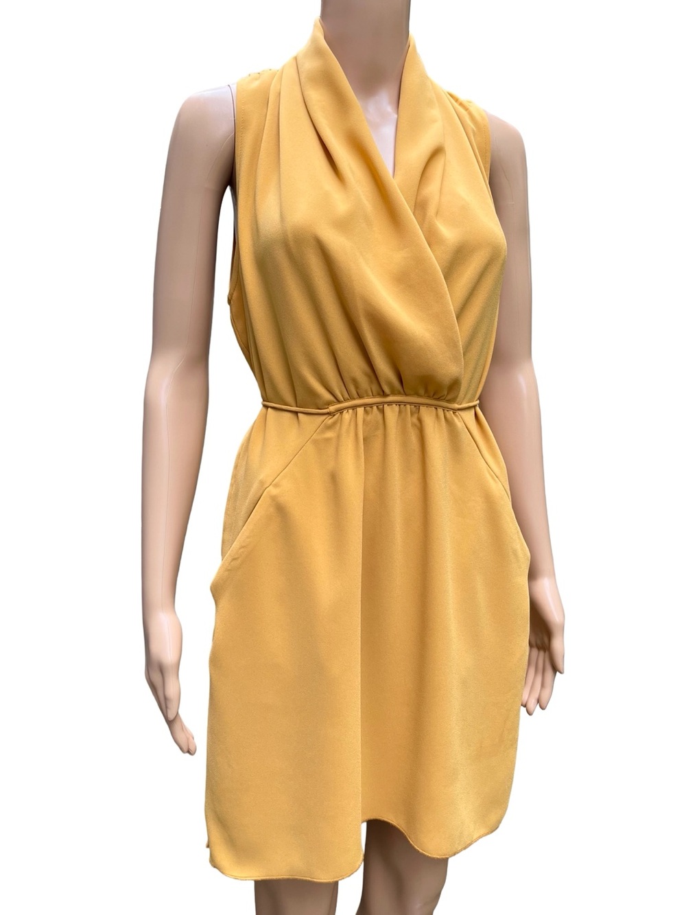 Wilfred Aritzia Draped Pocket Mini Dress Mustard yellow S-L - Picture 2 of 9